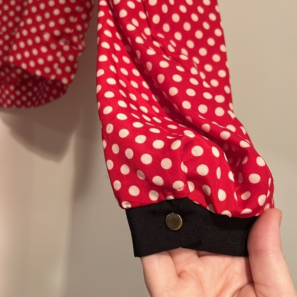 F&M collection red polka dot top with black trim and open slit back with tie - Picture 2 of 8